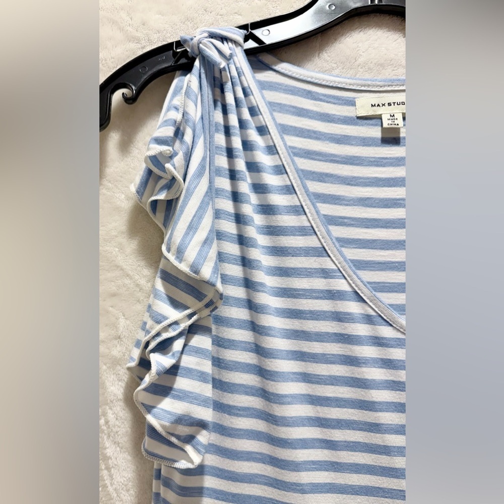 Summer Ready. Max Studio Blue Striped Tiered Midi Dress M Ruffle Sleeve - Picture 5 of 7